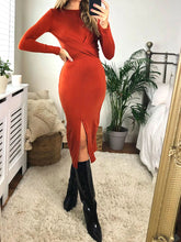 Load image into Gallery viewer, Knitted Long Sleeve Wrap Midi Dress
