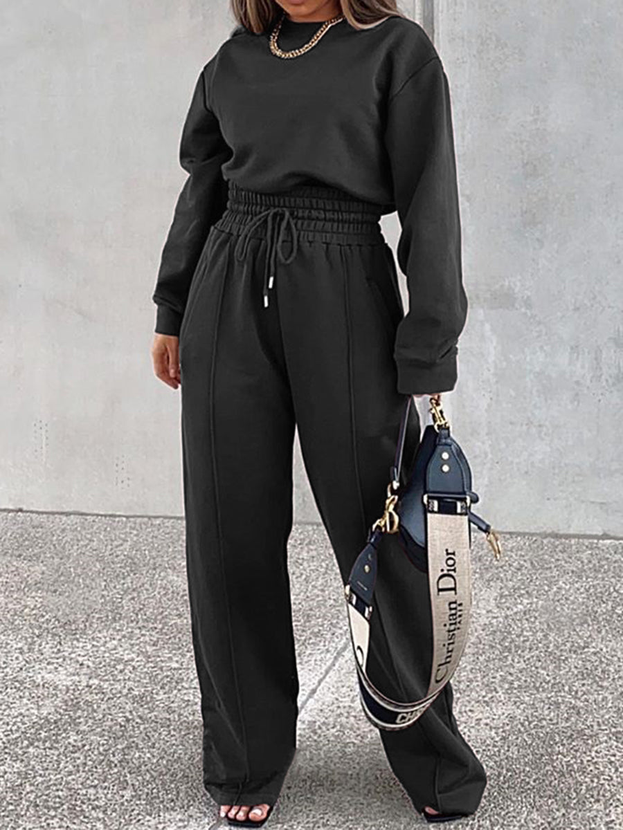 Fashion Casual Solid Color Long Sleeve Round Neck Two-piece Suit