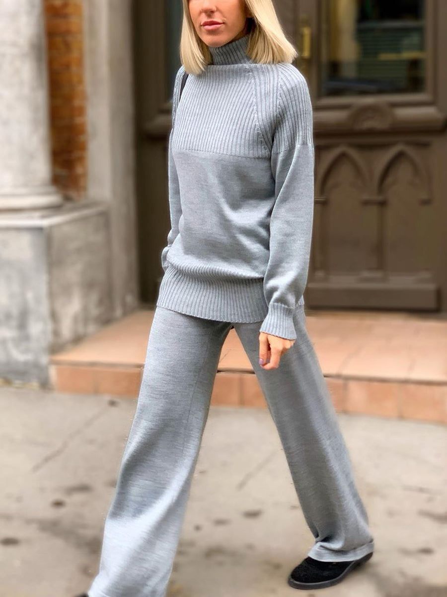 Simple Casual Long-Sleeved Top Pants Knit Suit