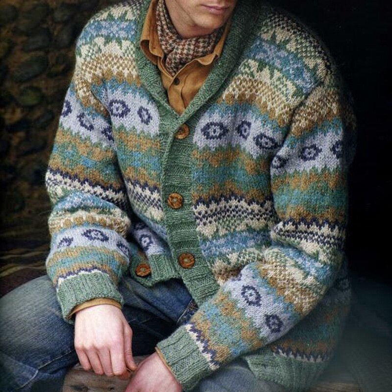 Men'S Ethnic Pattern Lapel Cardigan Long Sleeve Sweater