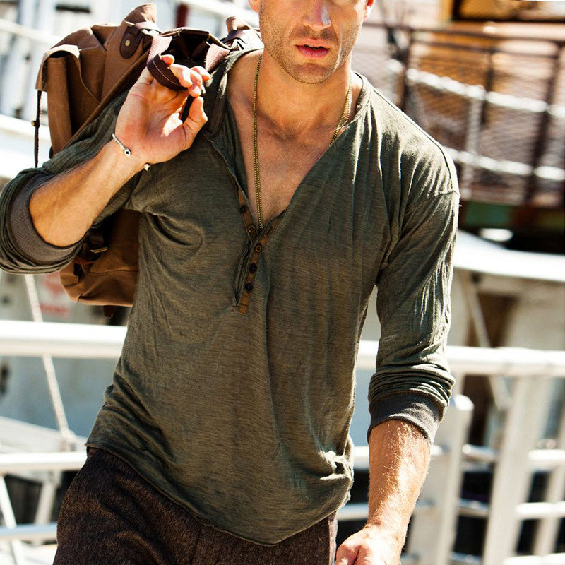 Men'S Fashion V-Neck Cotton Button Long Sleeve T-Shirt
