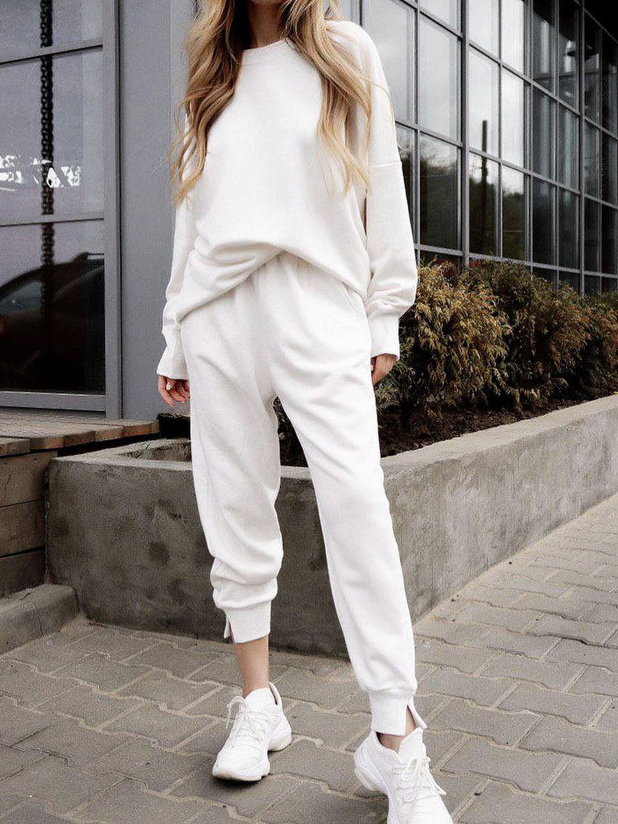 Round Neck Pullover Top Solid Color Pants Suit