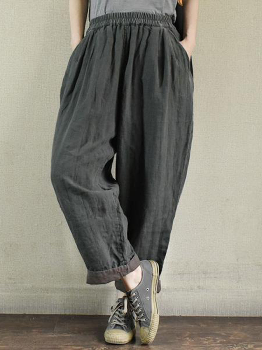 Retro Elastic Loose Cotton and Linen Trousers