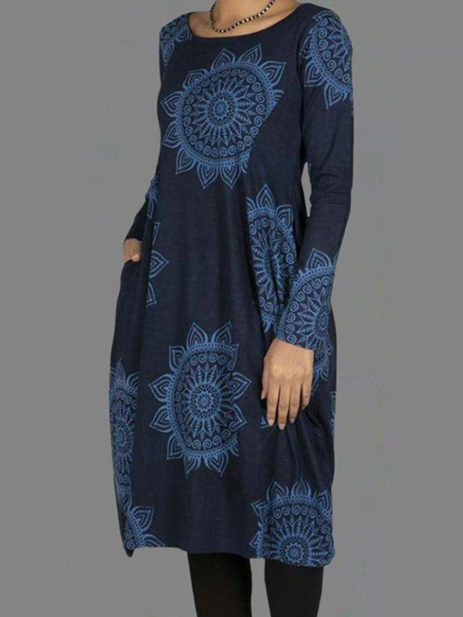Casual Floral Tunic Round Neckline A-Line Dress