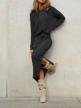 Load image into Gallery viewer, Fashion Round Neck Knit Top Split Skirt Two-piece Suit

