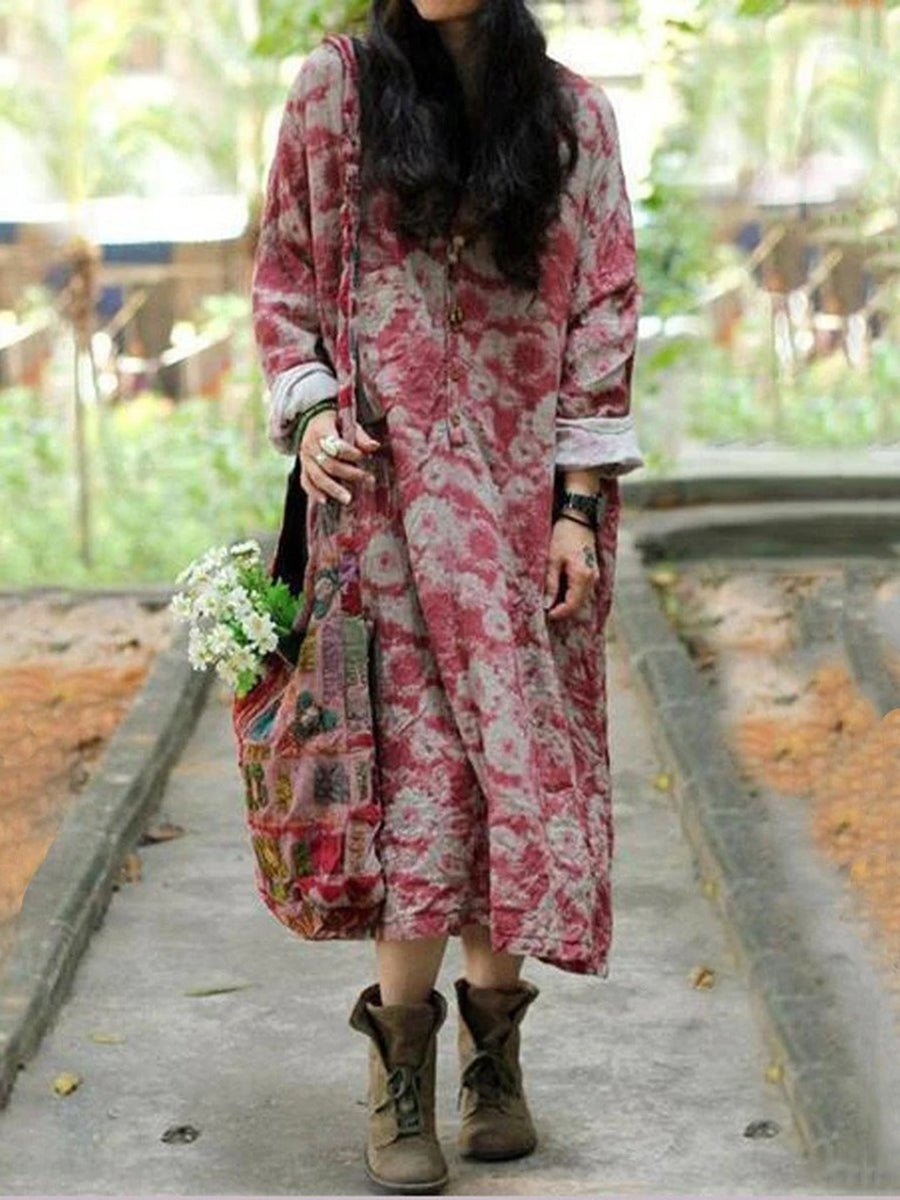 Bohemian Print Loose Long Sleeve Midi Dress