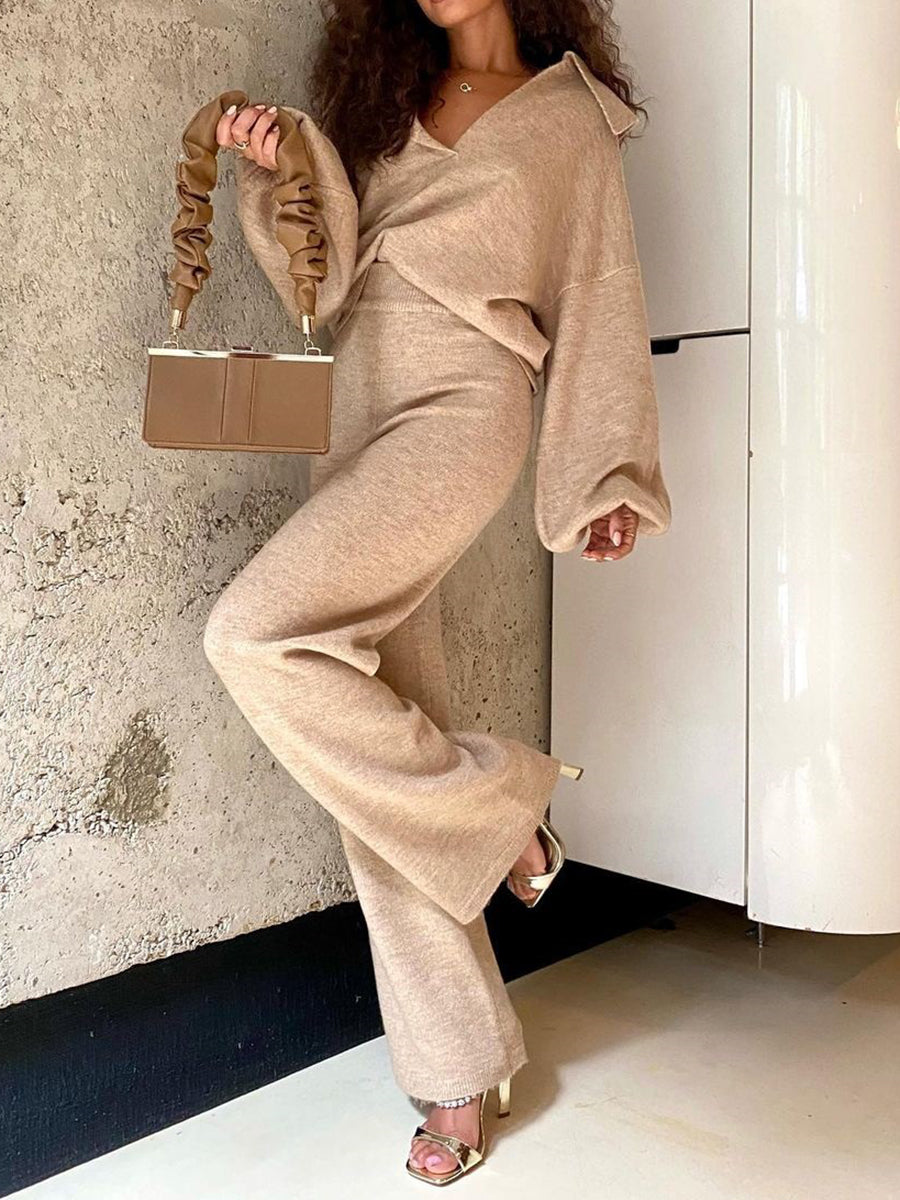 Casual Solid Color V-neck Loose Two-piece Suit