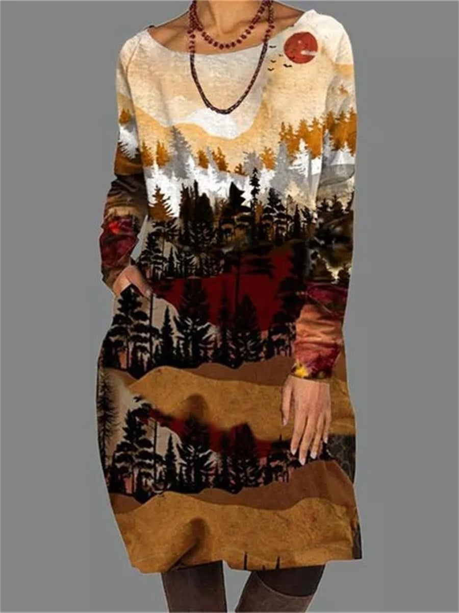 Retro Casual Print Round Neck Long Sleeve Women'S Dress