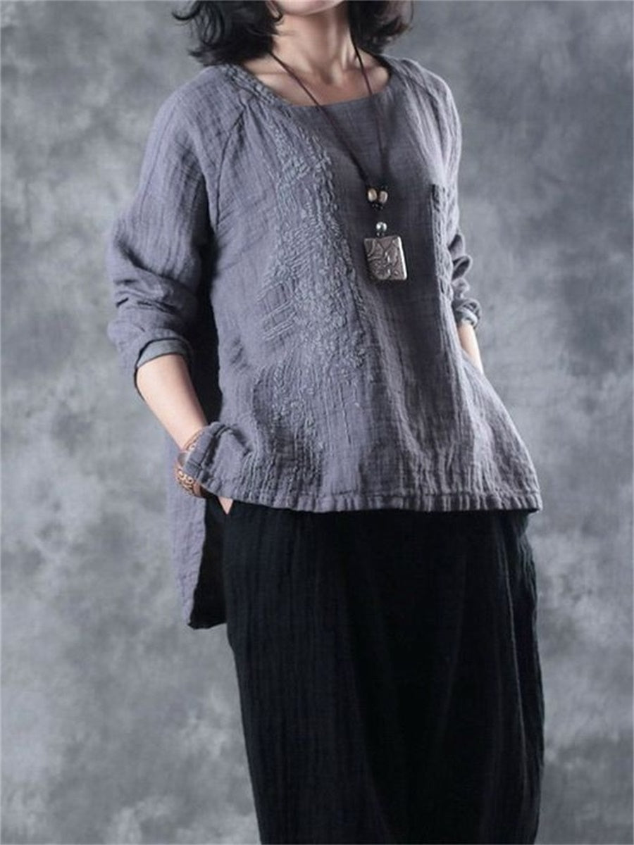 Cotton And Linen Solid Color Comfortable Women'S Long-Sleeved Shirt