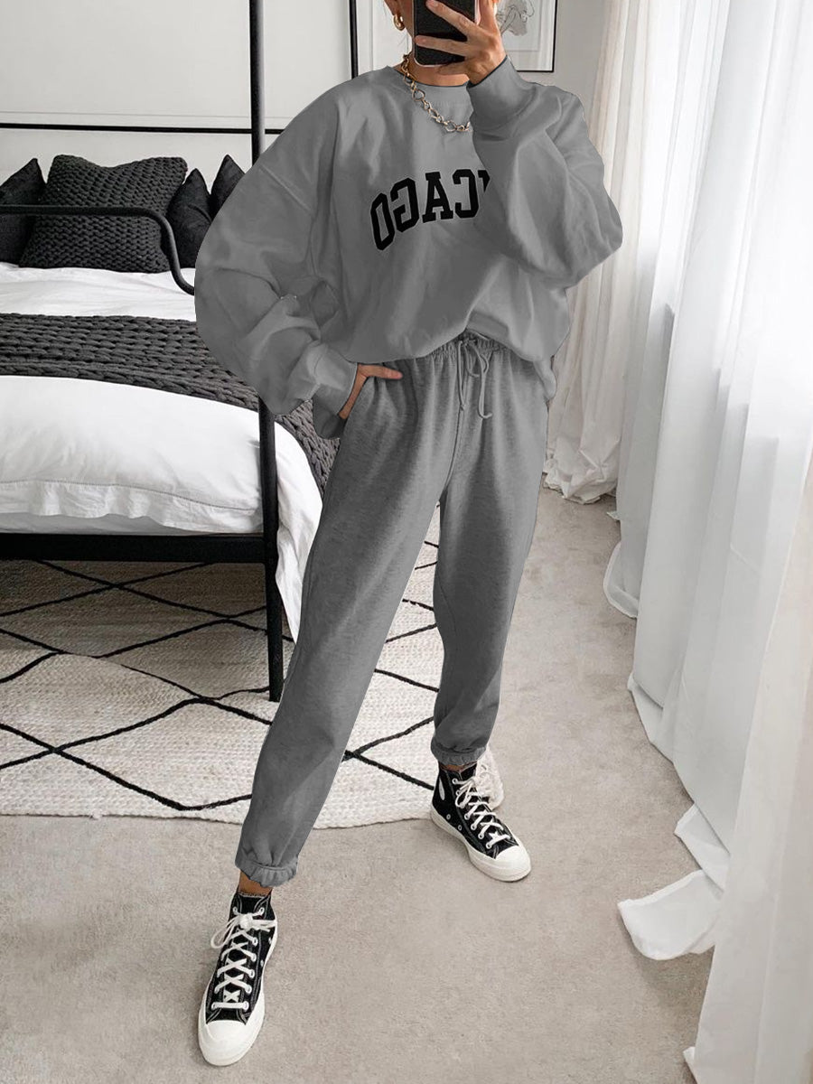 Chicago Printed Solid Color Round Neck Casual Loose Two-piece Suit