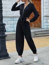 Load image into Gallery viewer, Solid Color Casual O-ring Zip Front Belted Jumpsuit
