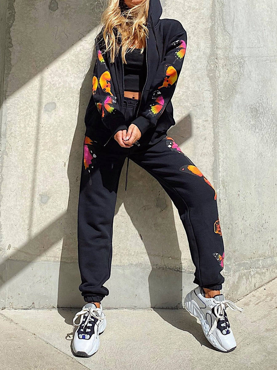 Butterfly Print Zipped Jacket Pants Set
