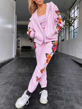 Load image into Gallery viewer, Butterfly Print Zipped Jacket Pants Set
