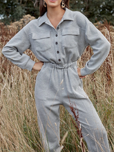 Load image into Gallery viewer, Flap Pocket Elastic Waist Button Solid Color Jumpsuit
