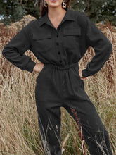 Load image into Gallery viewer, Flap Pocket Elastic Waist Button Solid Color Jumpsuit
