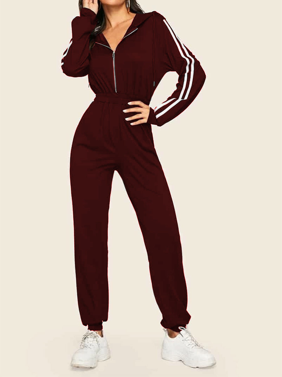 Striped Side Zip Front Drawstring Hooded Jumpsuit