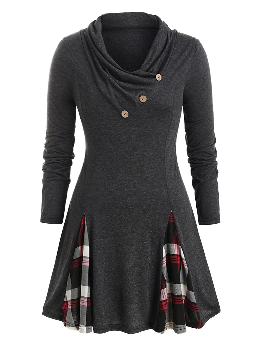 Retro Casual Plaid Stitching Long Sleeve Women'S Dress
