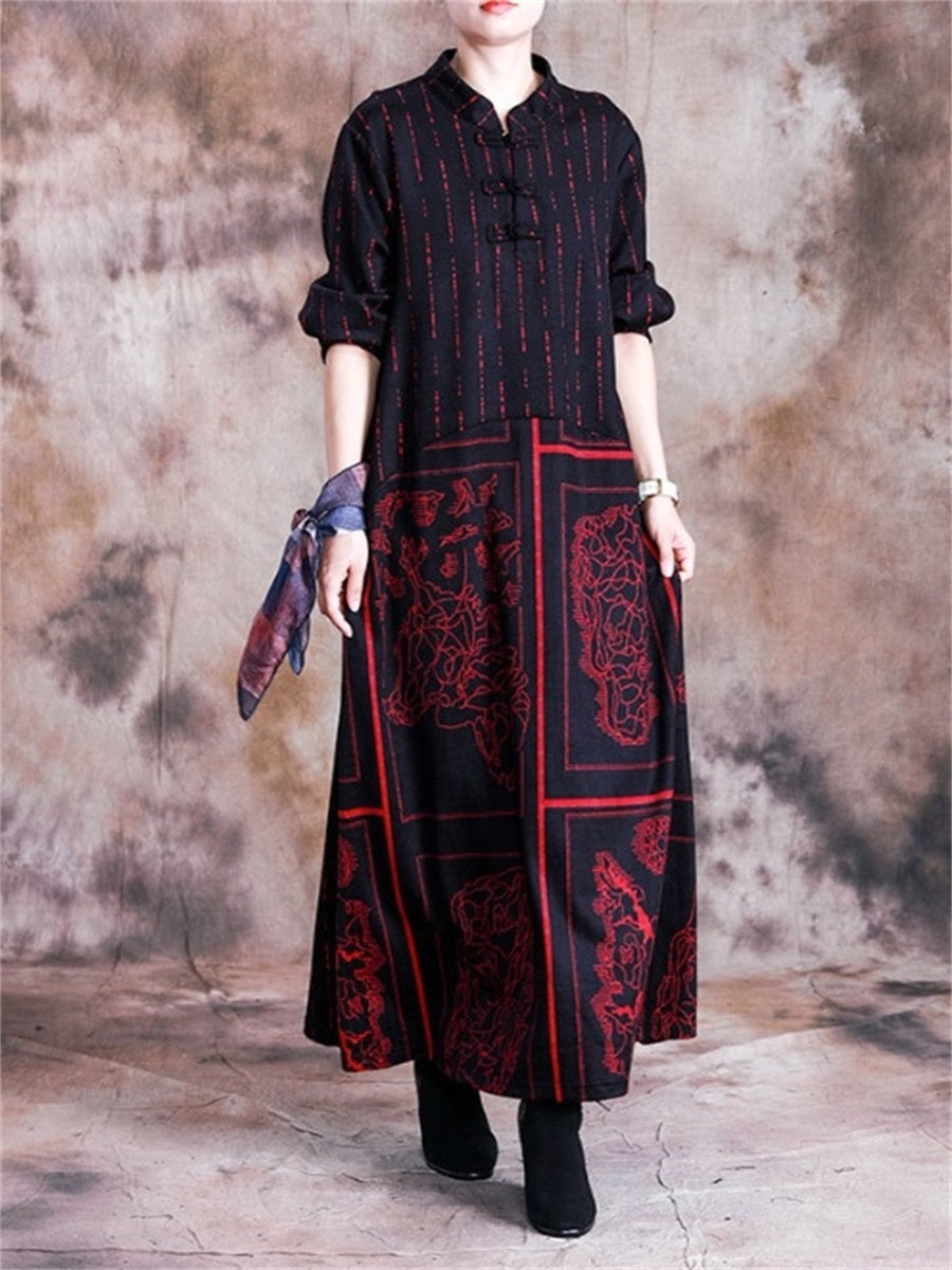 Retro Art Totem Print Stand Collar Women'S Dress