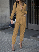 Load image into Gallery viewer, Solid Color Shirt V-neck Solid Color Jumpsuit with Belt
