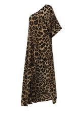 Load image into Gallery viewer, Long Leopard Print Diagonal Collar Loose Casual T-Shirt
