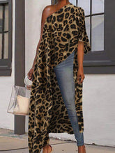 Load image into Gallery viewer, Long Leopard Print Diagonal Collar Loose Casual T-Shirt
