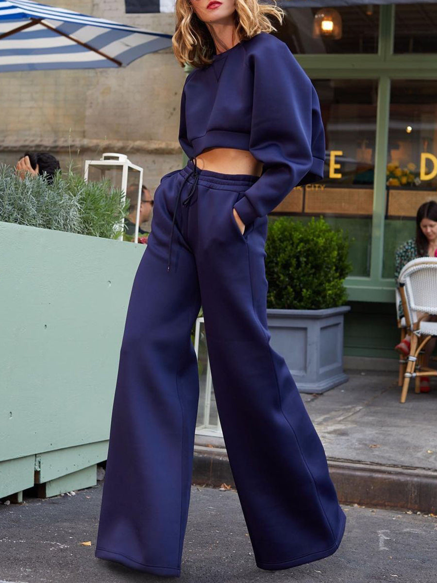 Drawstring Crop Top Loose Wide Leg Pants Set