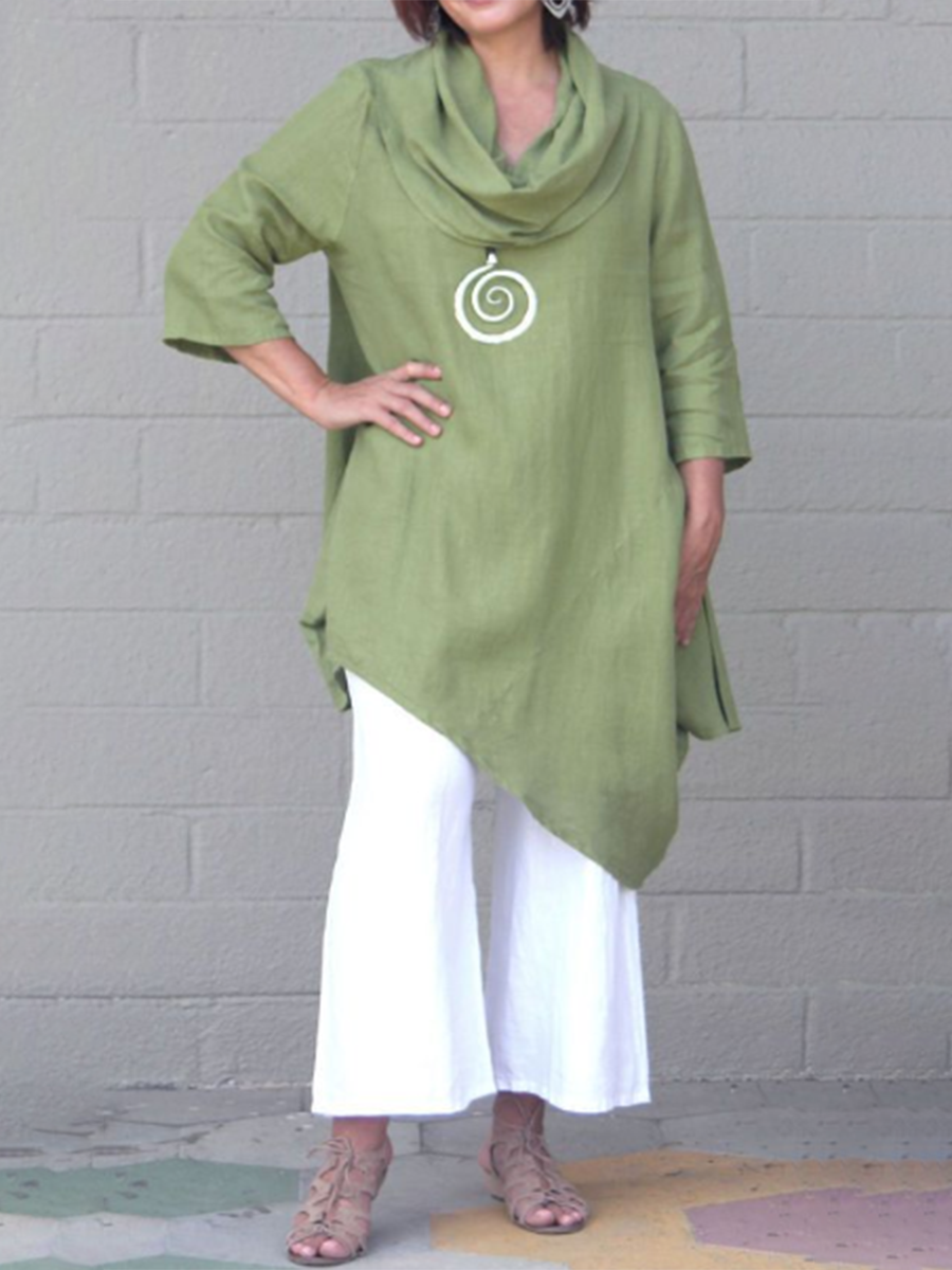 Casual Pile Collar Irregular Hem Cotton And Linen Women'S Two-Piece Suit
