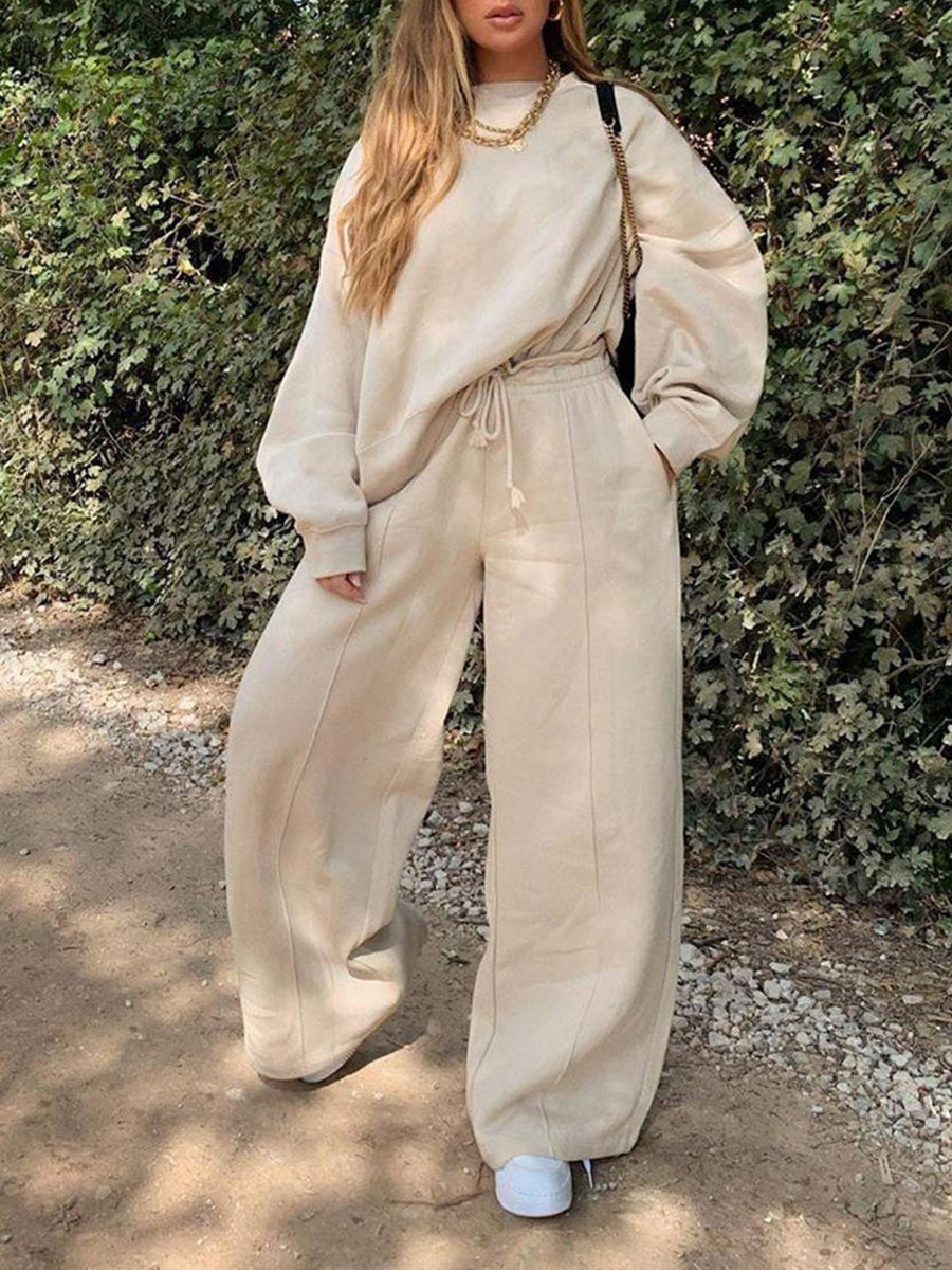 Casual Loose Sweatshirt Drawstring Wide Leg Pant Two Peice Suit