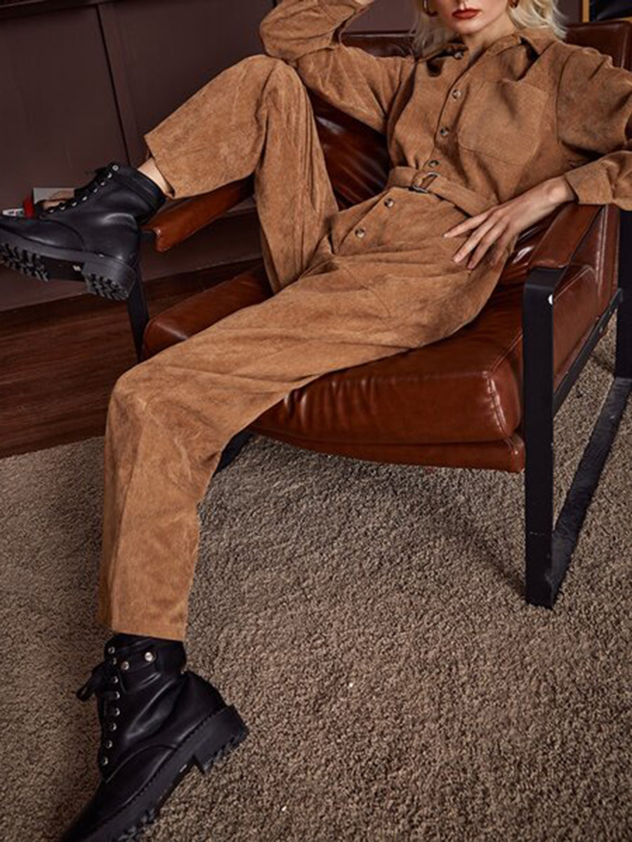 Button Front Buckle Belted Patch Pocket Corduroy Jumpsuit