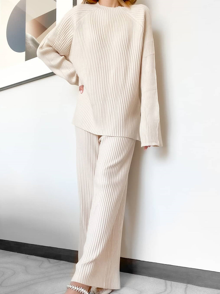 Comfortable Casual Solid Color Round Neck Knitted Two-Piece Suit