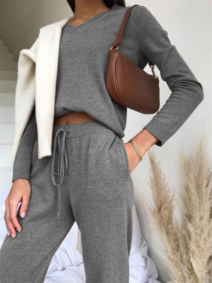 Casual Solid Color Home V-Neck Women'S Knitted Suit