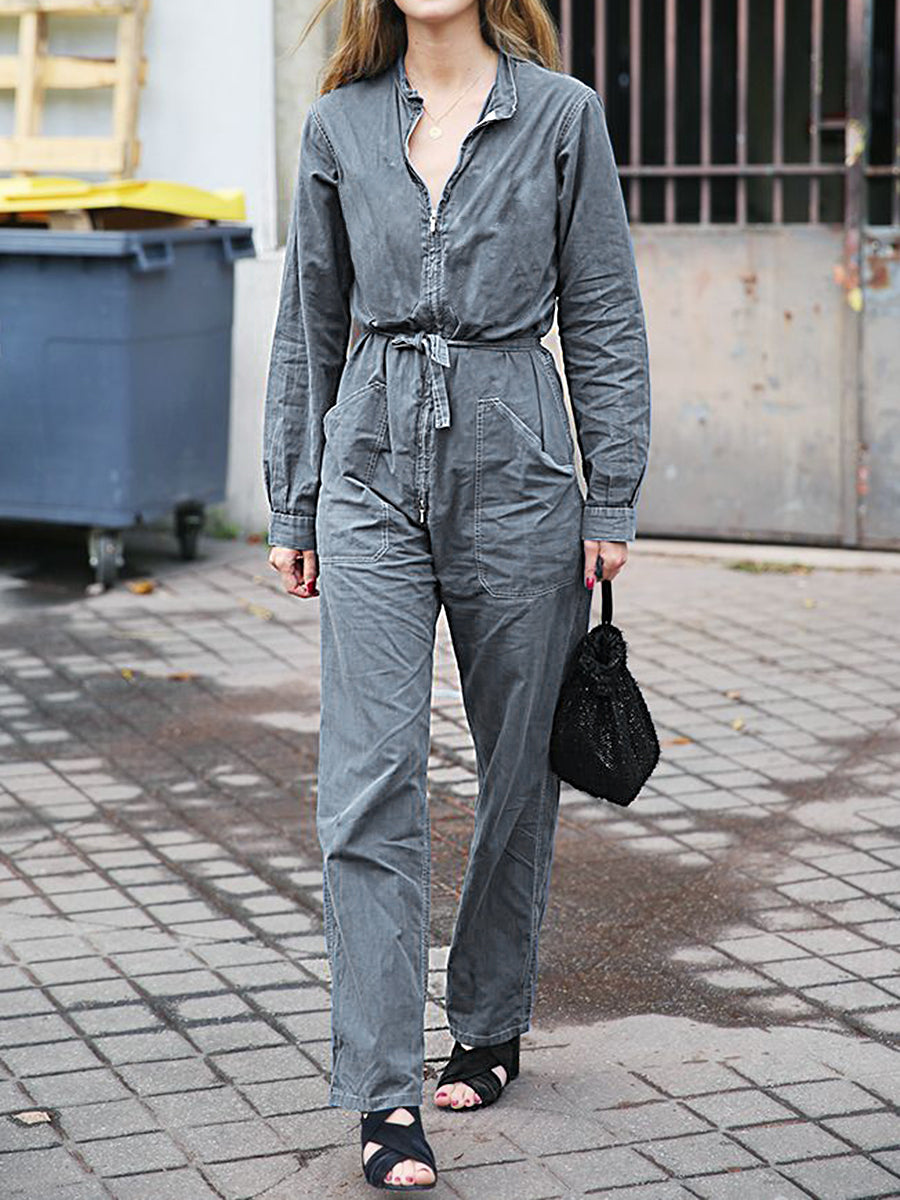 Denim Zipper Pockets Long Sleeve Jumpsuit