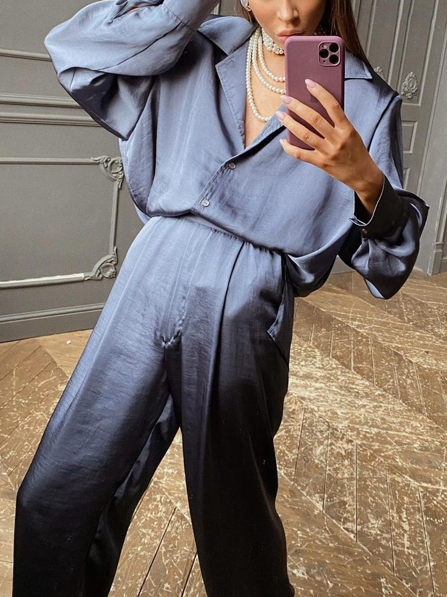 Casual Loose Elegant Long Sleeve V-Neck Two-Piece Suit