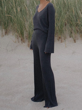 Load image into Gallery viewer, Fashion V-neck Flared Sleeve Solid Color Knitted Two-piece Suit

