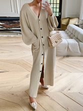 Load image into Gallery viewer, V-neck Lantern Sleeve Knit Long Cardigan Solid Color Button Dress
