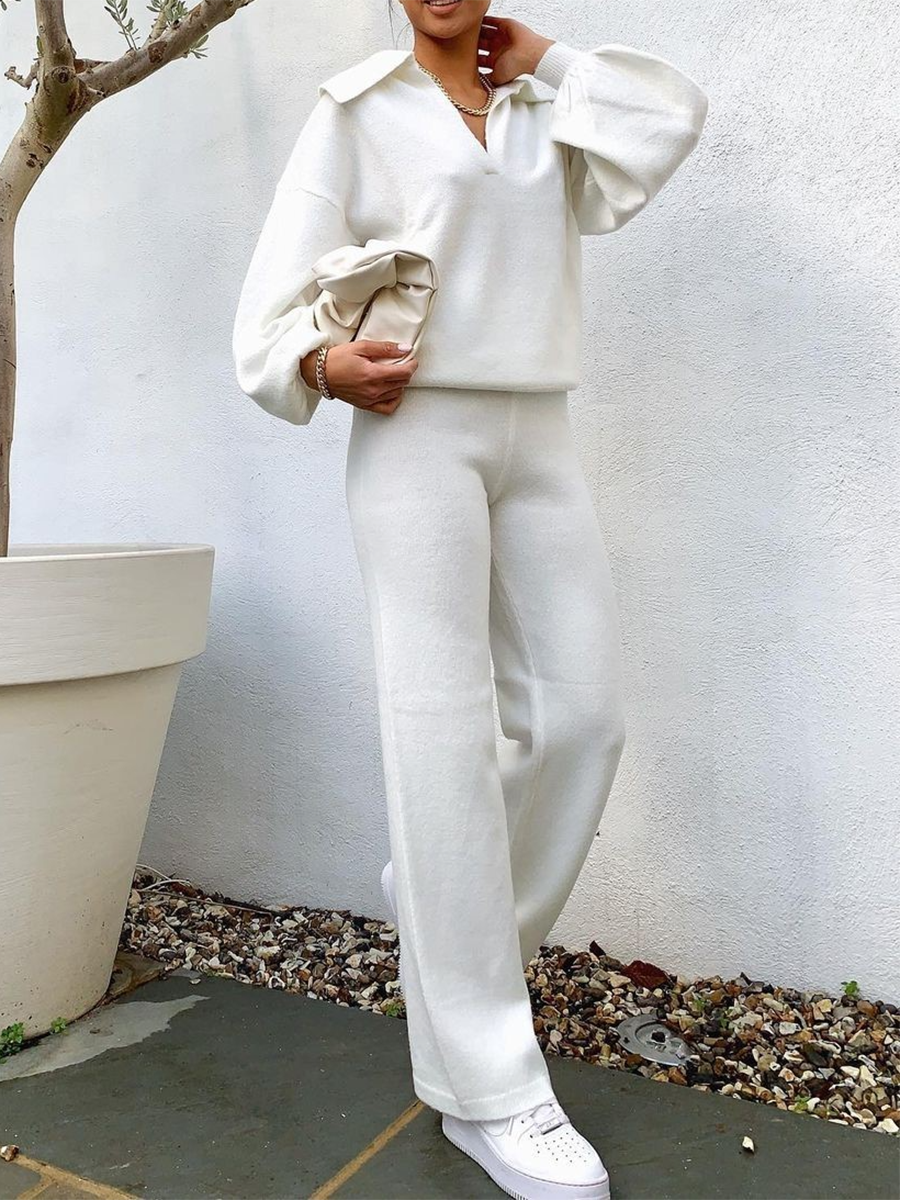 Casual Lantern Sleeves V-neck Lapel Knit Solid Color Two-piece Suit