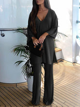 Load image into Gallery viewer, Solid Color V-neck Flared Sleeve Long Top Loose Casual Two-piece Suit
