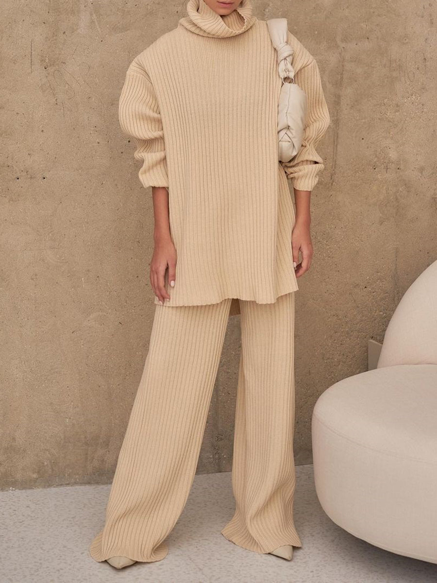 Comfortable Warm High-Neck Solid Color Knitted Two-Piece Suit