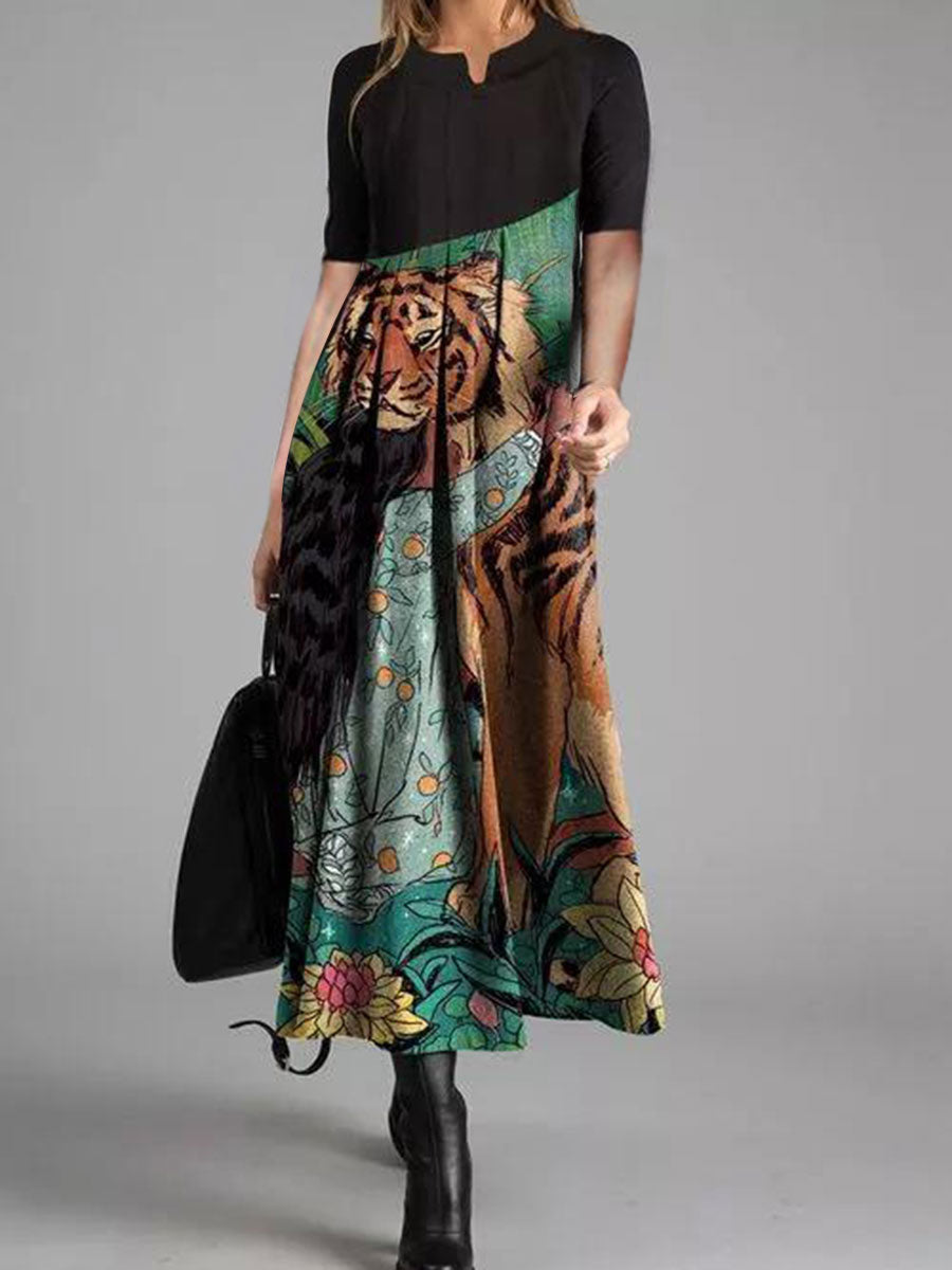 Casual Mid-Sleeve Loose Ethnic Print Dress