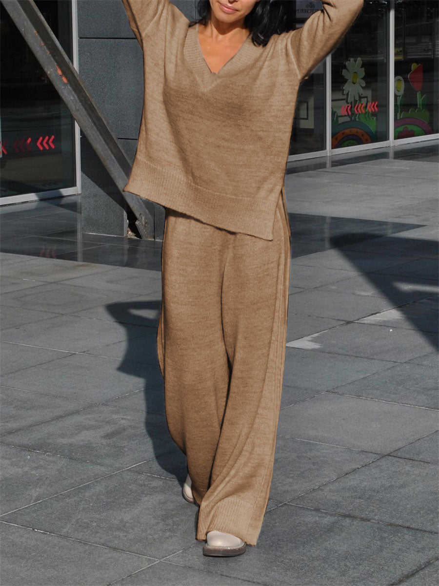 Elegant Temperament V-Neck Solid Color Women'S Knitted Suit