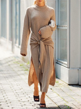 Load image into Gallery viewer, Fashion Solid Color Long-sleeved Slit Casual Knitted Sweater Dress
