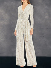 Load image into Gallery viewer, Sexy V-neck Fashion Silver Metallic High Waist Jumpsuit

