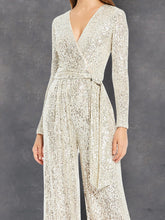 Load image into Gallery viewer, Sexy V-neck Fashion Silver Metallic High Waist Jumpsuit
