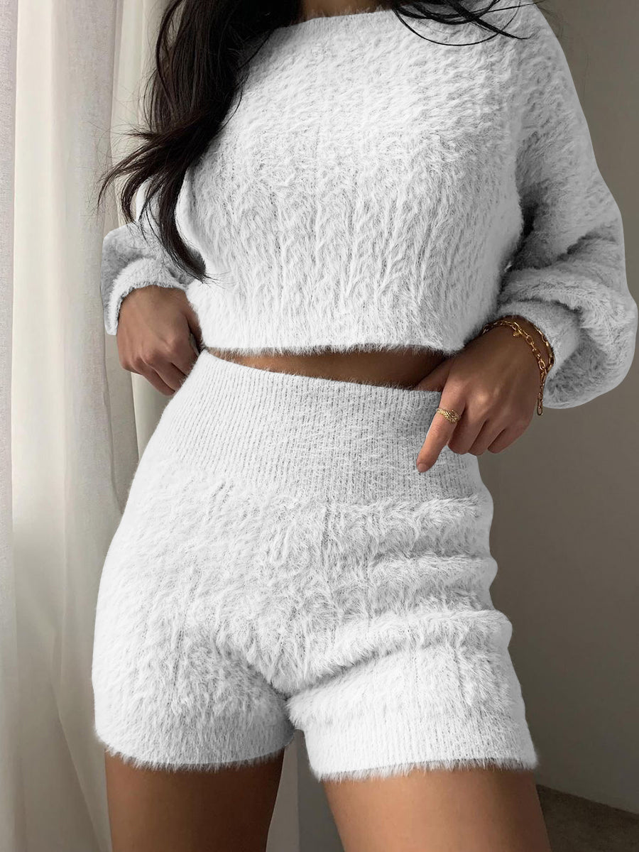 Cozy Plush Crop Top Two-Piece Suit