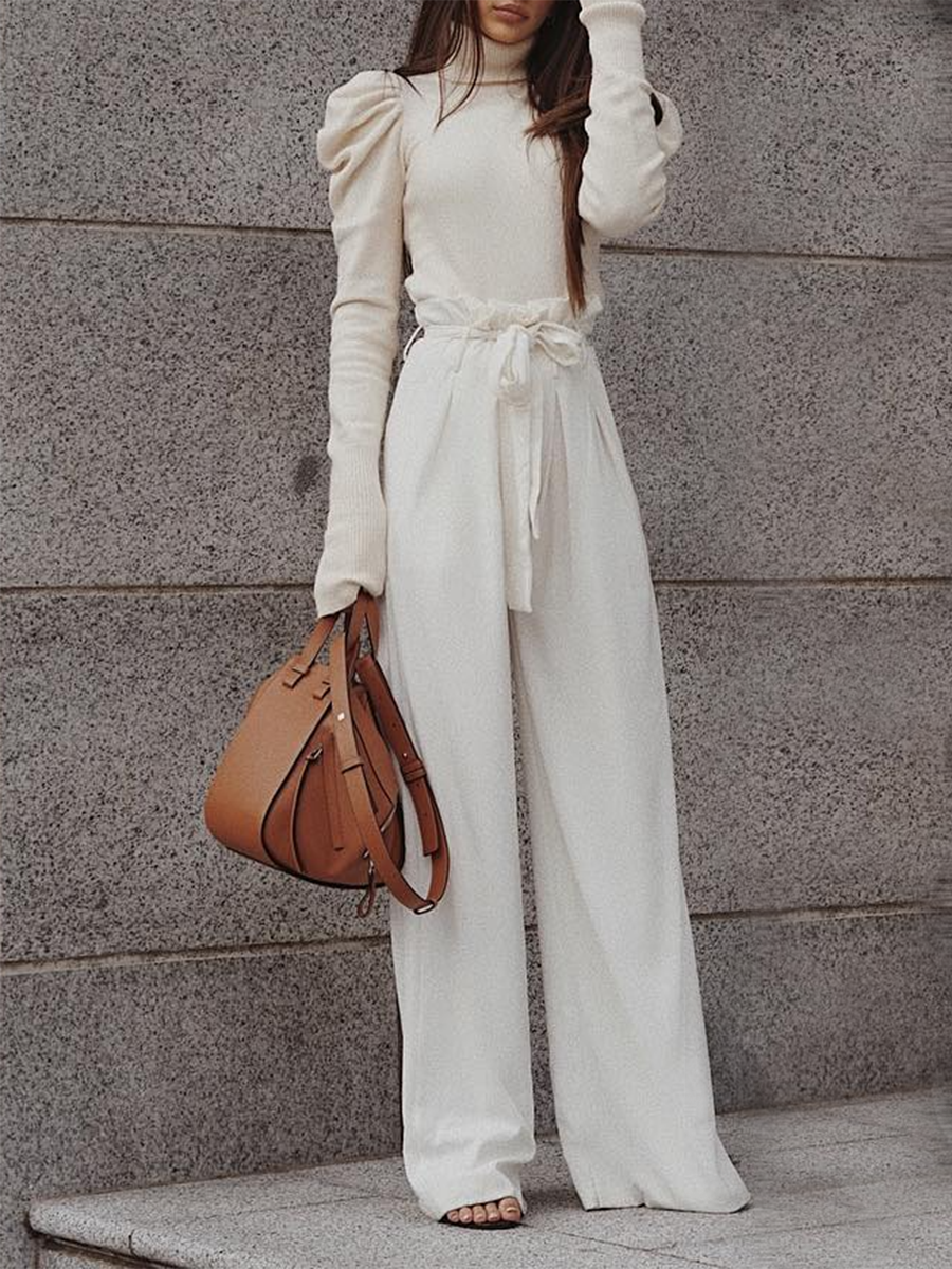 Elegant High Neck Knitted Shoulder Pad Sweater Knitted Two-piece Suit
