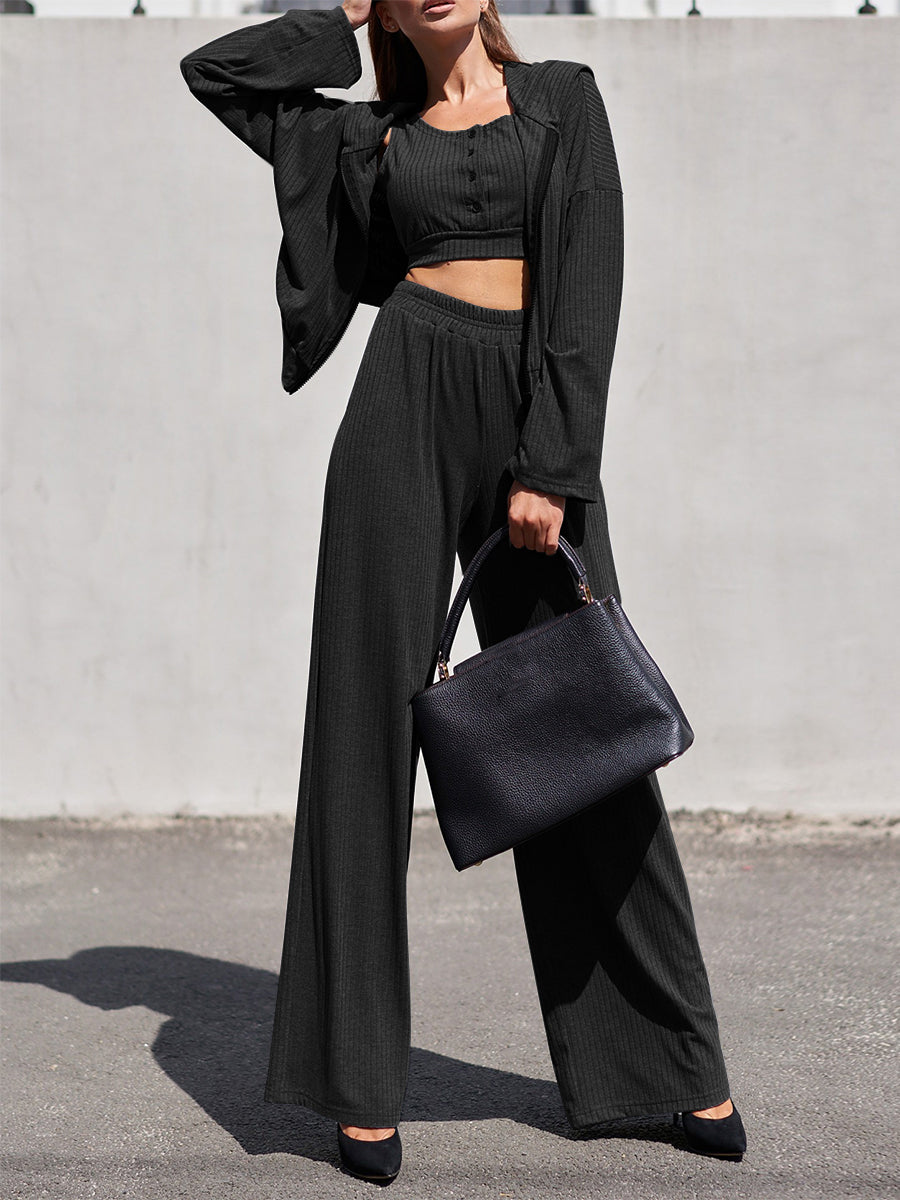 Casual Solid Color Hooded Tops Vest Loose Three-piece