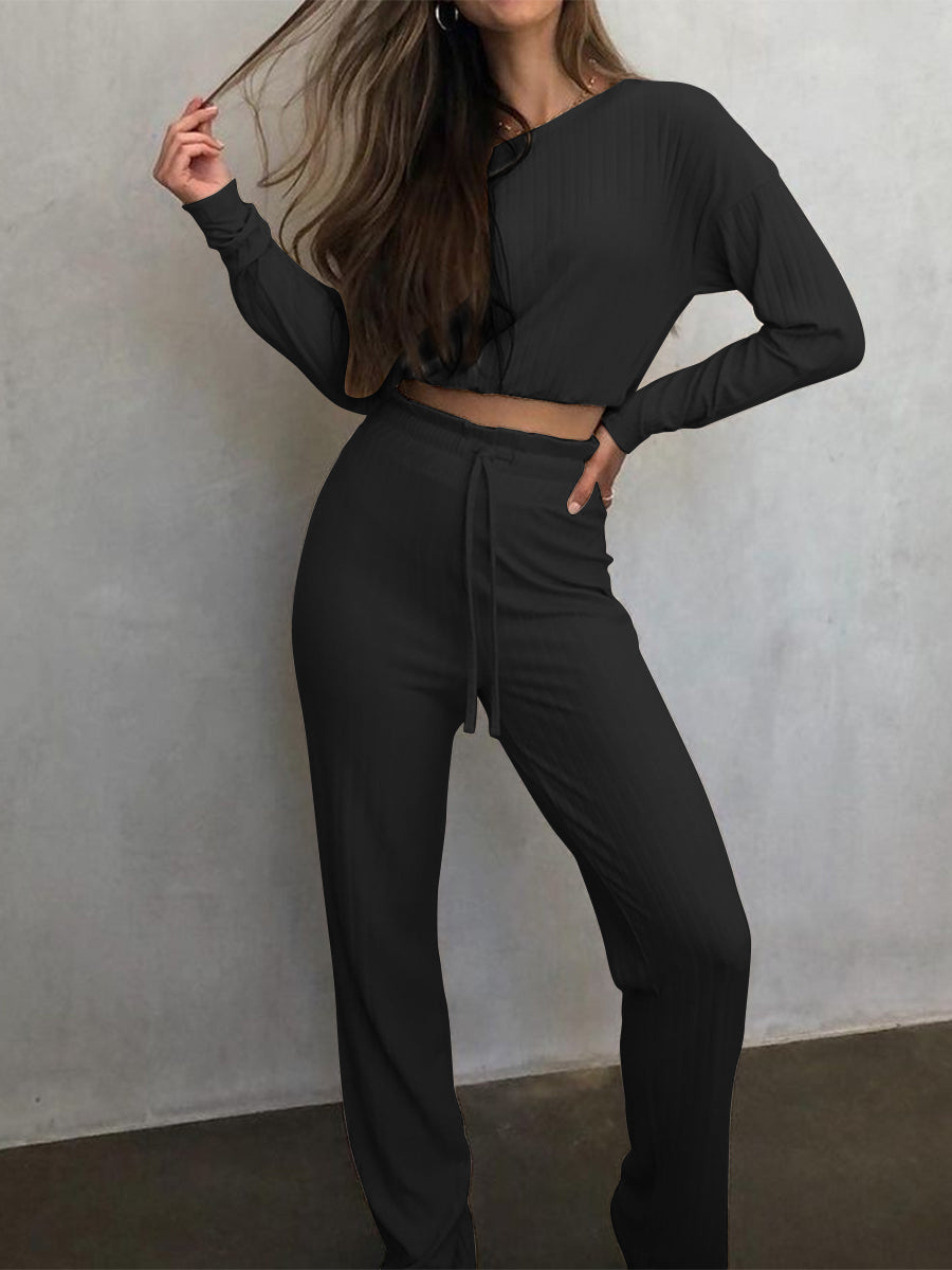 Casual Round Neck Long Sleeve Solid Color Comfortable Two-piece Suit