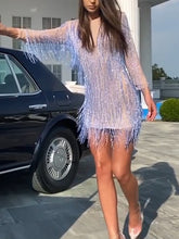 Load image into Gallery viewer, Fashion Sexy Mesh Stitching Fringed Mini Dress
