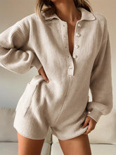 Load image into Gallery viewer, Knit Button Up Romper Solid Color Lapel Long Sleeve Jumpsuit
