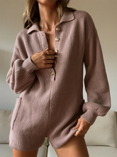 Load image into Gallery viewer, Knit Button Up Romper Solid Color Lapel Long Sleeve Jumpsuit
